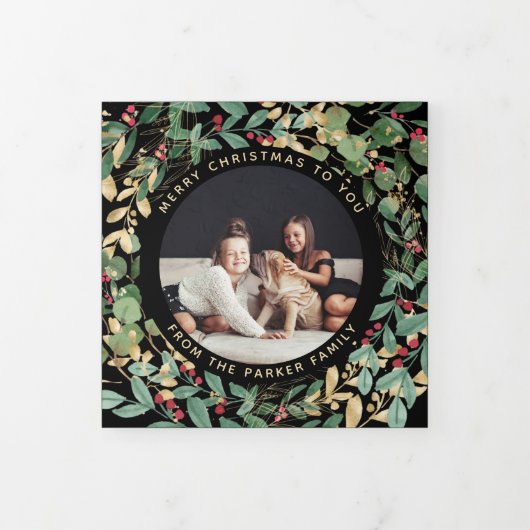 金色の緑の黒 |写真数々ののクリスマス 三つ折りクリスマスカード (カバー)