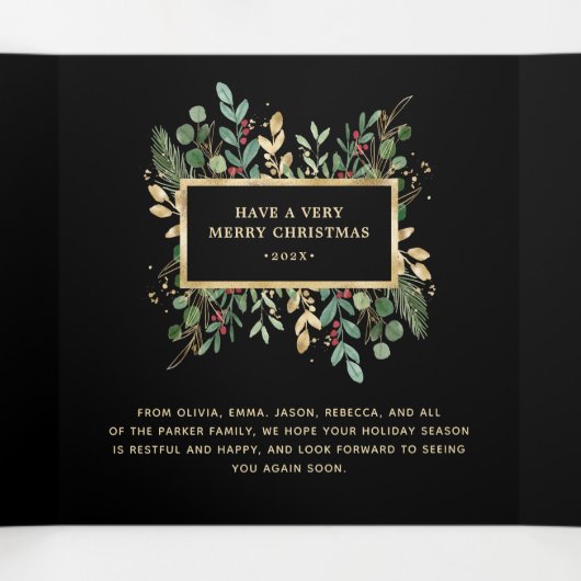 金色の緑の黒 |写真数々ののクリスマス 三つ折りクリスマスカード (内部中)