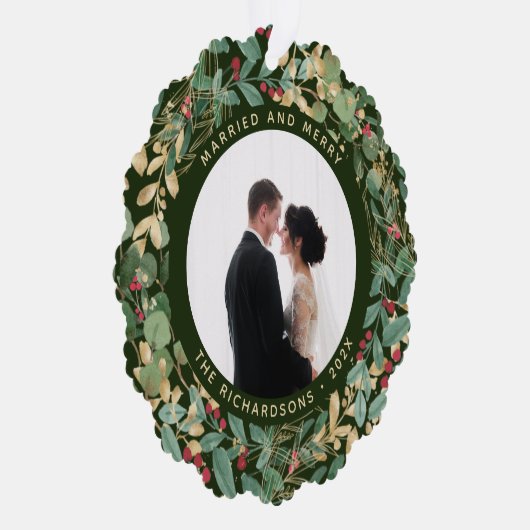 金色の緑 |と結婚した写メリー真 オーナメントカード (右)