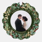 金色の緑 |と結婚した写メリー真 オーナメントカード (正面)