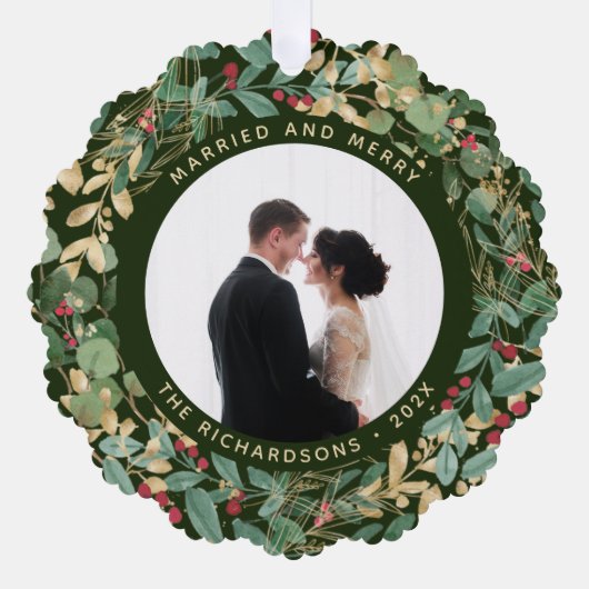 金色の緑 |と結婚した写メリー真 オーナメントカード (正面)
