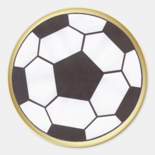 金色の縁取りのステッカーが付いたサッカーボール ラウンドシール (正面)