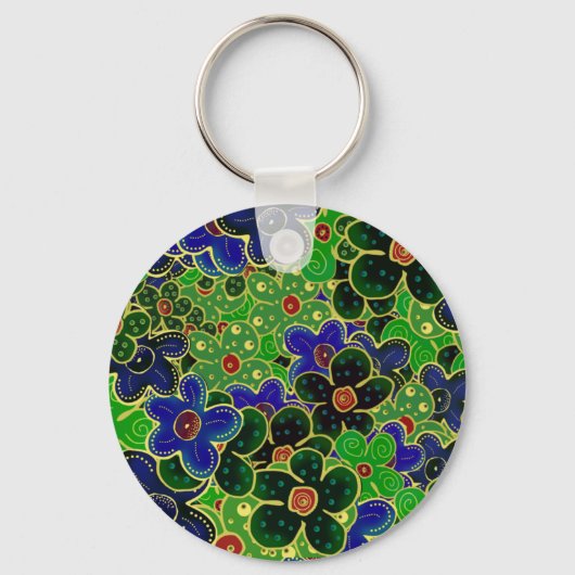 金色の縁取りの緑と青の花 キーホルダー (正面)