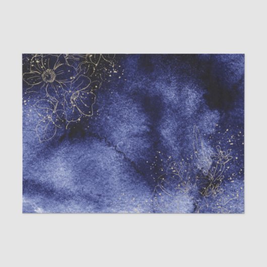 金色の縁取りの花がデザインされたダークブルーの水彩画調デザイン 薄葉紙 (正面)