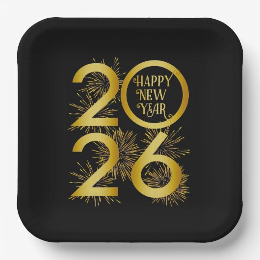 金色の縦デザイン!花火が打ち上がる2026年新年デザイン ペーパープレート (正面)