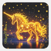 金色の美しいユニコーン輝く可愛い魔法ネオン スクエアシール (正面)
