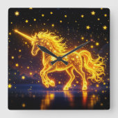 金色の美しいユニコーン輝く可愛い魔法ネオン スクエア壁時計 (正面)