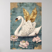 金色の翼を持つ優雅な白鳥が水面に浮かぶ ポスター (正面)