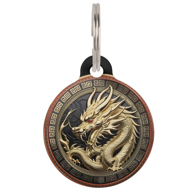 金色の聖なる東洋のドラゴンメダリオン ペット　ネームタグ (正面)
