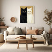 金色の背景に黒猫と白猫の絵 ポスター