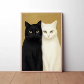 金色の背景に黒猫と白猫の絵 ポスター