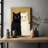 金色の背景に黒猫と白猫の絵 ポスター