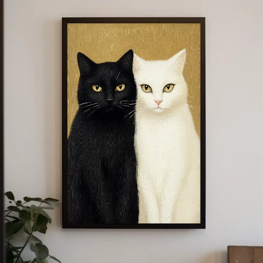 金色の背景に黒猫と白猫の絵 ポスター