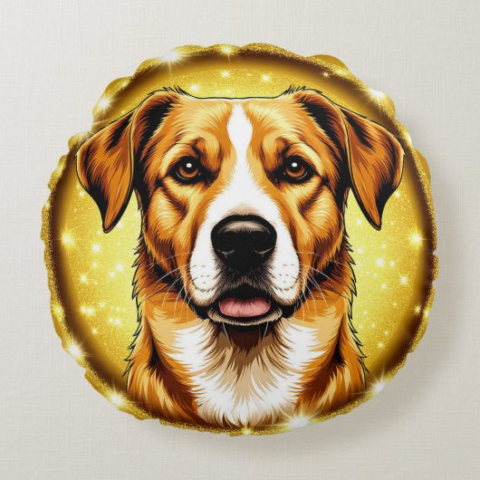 金色の背景を持つ犬 ラウンドクッション (正面)
