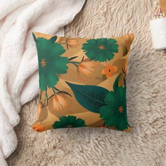 金色の背景を持つ緑とオレンジの花模様 クッション (ブランケット)