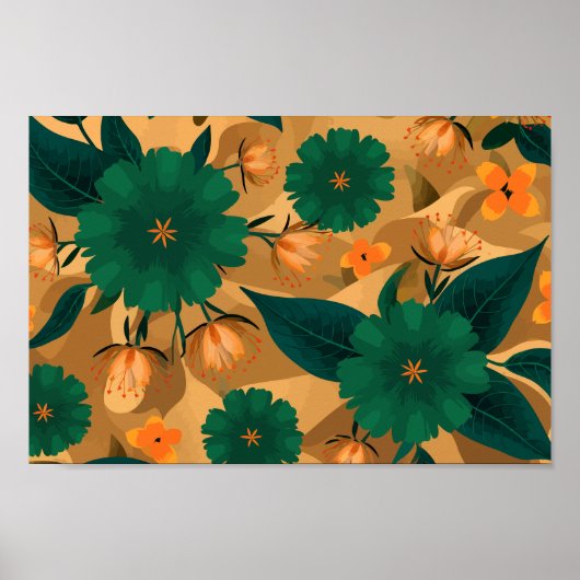 金色の背景を持つ緑とオレンジの花模様 ポスター (正面)
