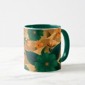 金色の背景を持つ緑とオレンジの花模様 マグカップ (正面右)