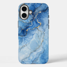 金色の脈を持つブルーマーブルの水彩パターン iPhone 16 PLUSケース