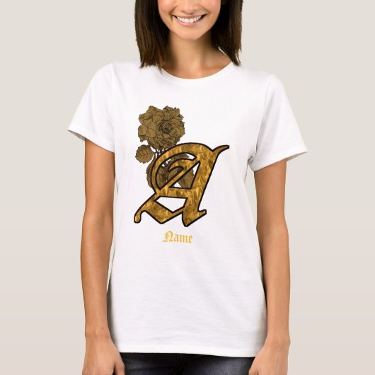 金色の芍薬の花のモノグラムイニシャルA オーダーメイド Tシャツ (正面)
