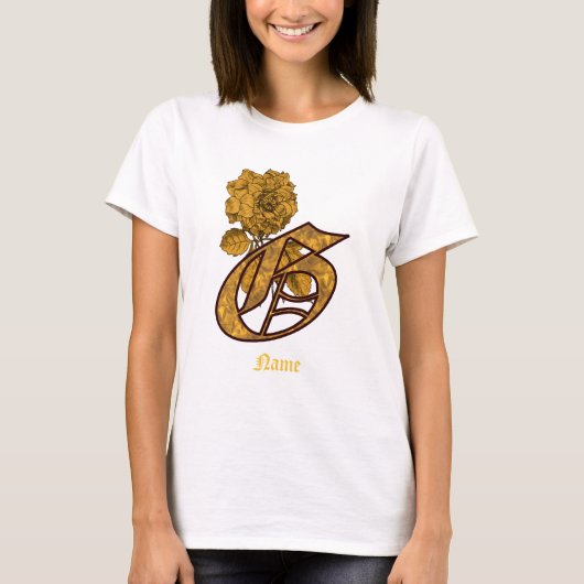 金色の芍薬の花のモノグラムイニシャルG オリジナルデザイン Tシャツ (正面)