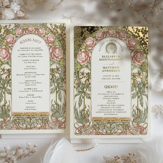 金色の芍薬 アンティークな結婚式プログラム 箔招待状