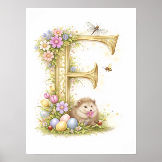 金色の花のイニシャルFのハリネズミのベビーギフト ポスター (正面)