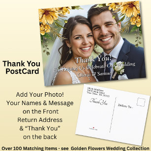 金色の花のウェディングセット付き写真のサンキューデザイン 案内ポストカード