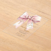 金色の花の十字架 リボン 洗礼 ピンク アクリル招待状 (レイダウン)