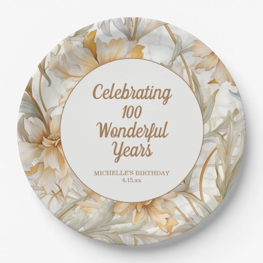金色の花の100歳の誕生日 ペーパープレート (正面)