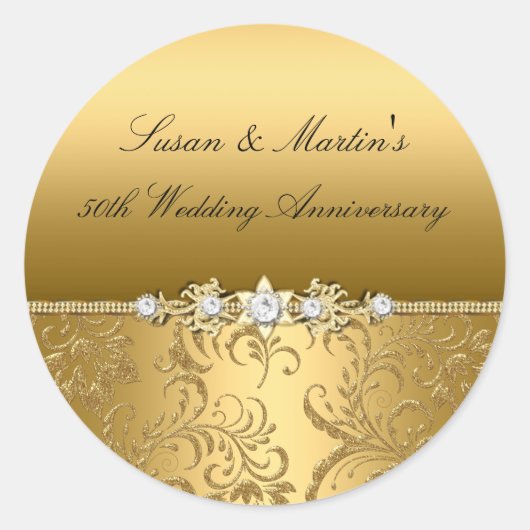 金色の花渦巻き 50回目の結婚記念日のステッカー ラウンドシール (正面)
