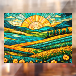 金色の花 緑の田舎 模造ステンドグラス ウィンドウサイン