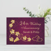 金色の葉とハートの24周年結婚記念日 招待状 (スタンド正面)