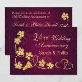 金色の葉とハートの24周年結婚記念日 招待状 (正面/裏面)