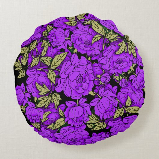 金色の葉を持つ紫の芍薬 ラウンドクッション (裏面)