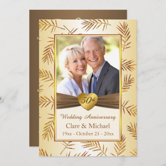 金色の葉、ハート 50周年 結婚記念日 招待状 (正面/裏面)