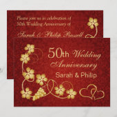 金色の葉、蔓、ハート 50周年結婚記念日 招待状 (正面/裏面)