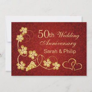 金色の葉、蔓、ハート 50周年 結婚記念日 招待状