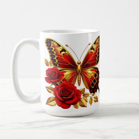 金色の蝶と赤いバラと金色の葉 コーヒーマグカップ (左)