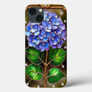 金色の装飾フレームに飾られた青いアジサイ iPhone 13ケース