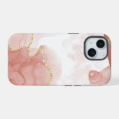 金色の赤い水色の大理石パターン iPhone 15ケース (裏面横)
