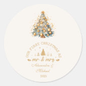 金色の輝くクリスマスツリー ラウンドシール (正面)