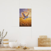 金色の野原を飛ぶフクロウの野生動物の夕焼けアート ポスター (キッチン)