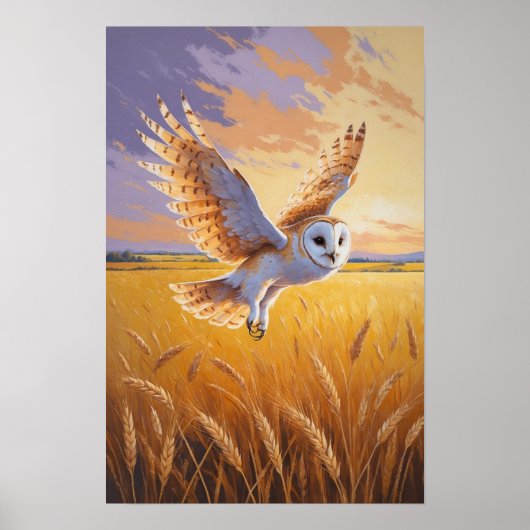 金色の野原を飛ぶフクロウの野生動物の夕焼けアート ポスター (正面)