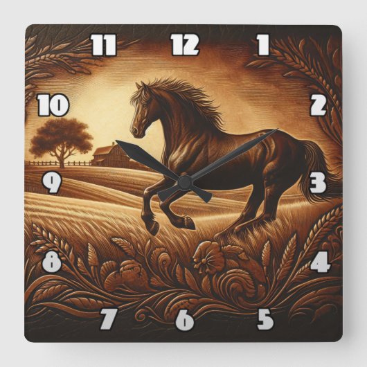 金色の野原を駆け抜ける茶色の馬 スクエア壁時計 (正面)