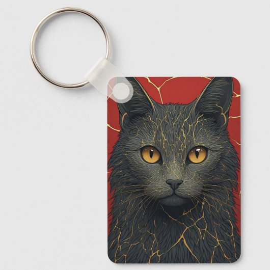 金色の金継ぎひび割れアクセントが施された黒猫 ✨ キーホルダー (正面)