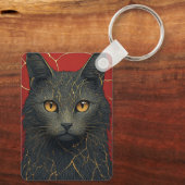 金色の金継ぎひび割れアクセントが施された黒猫 ✨ キーホルダー (裏面)