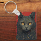 金色の金継ぎひび割れアクセントが施された黒猫 ✨ キーホルダー (正面)