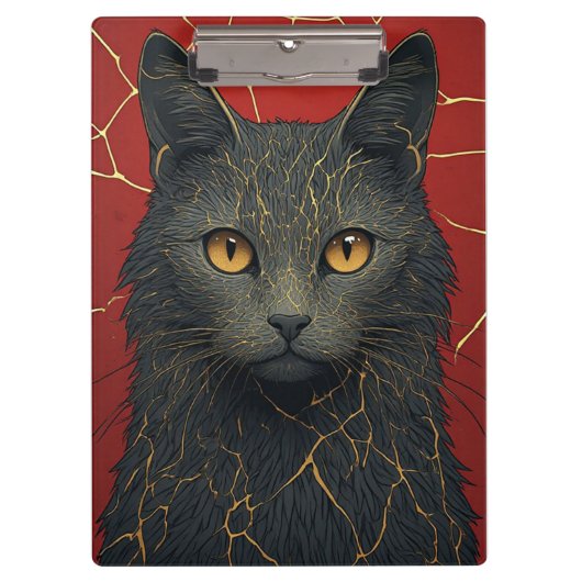金色の金継ぎひび割れアクセントが施された黒猫 ✨ クリップボード (正面)