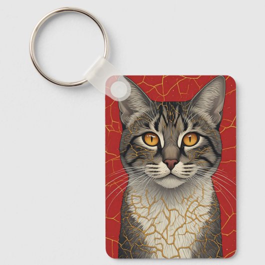 金色の金継ぎマークが入った猫の顔のアップ 🖤 キーホルダー (正面)