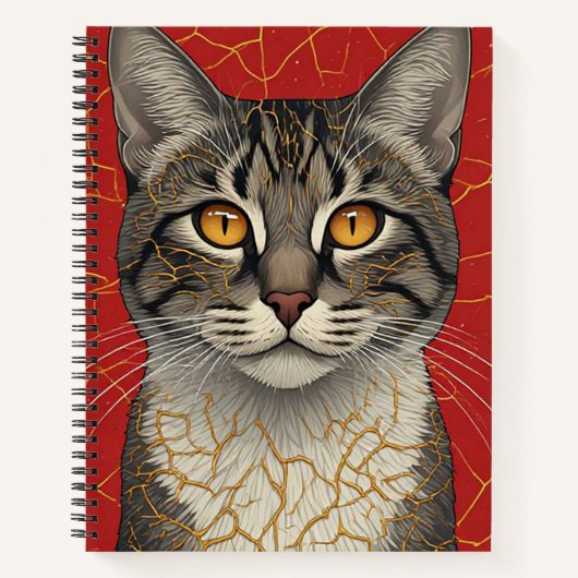 金色の金継ぎマークが入った猫の顔のアップ 🖤 ノートブック (正面)